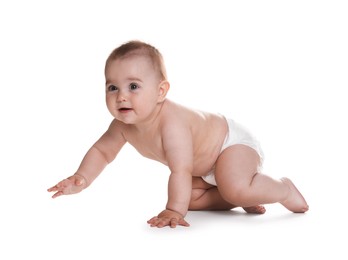 Photo of Cute little baby in diaper on white background