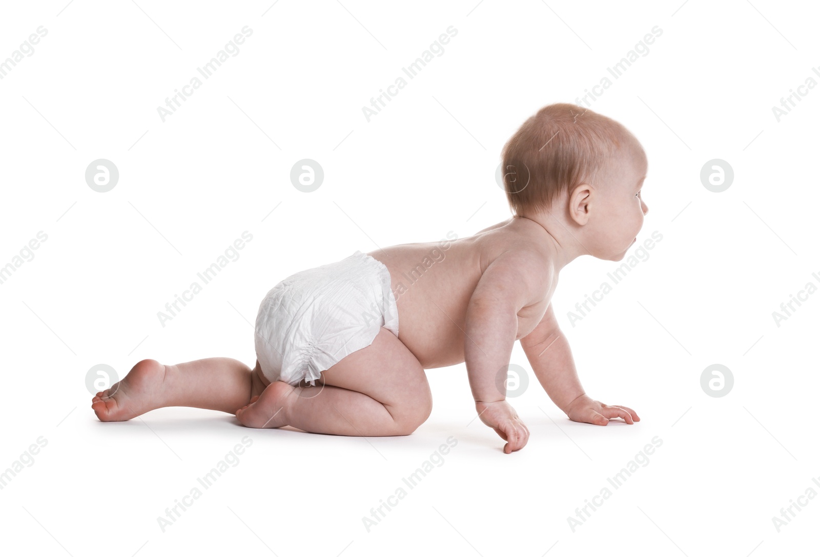 Cute little baby in diaper on white background Photo of Cute little baby in diaper on white background