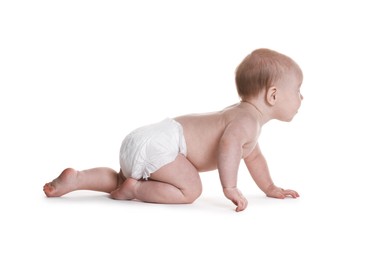 Photo of Cute little baby in diaper on white background