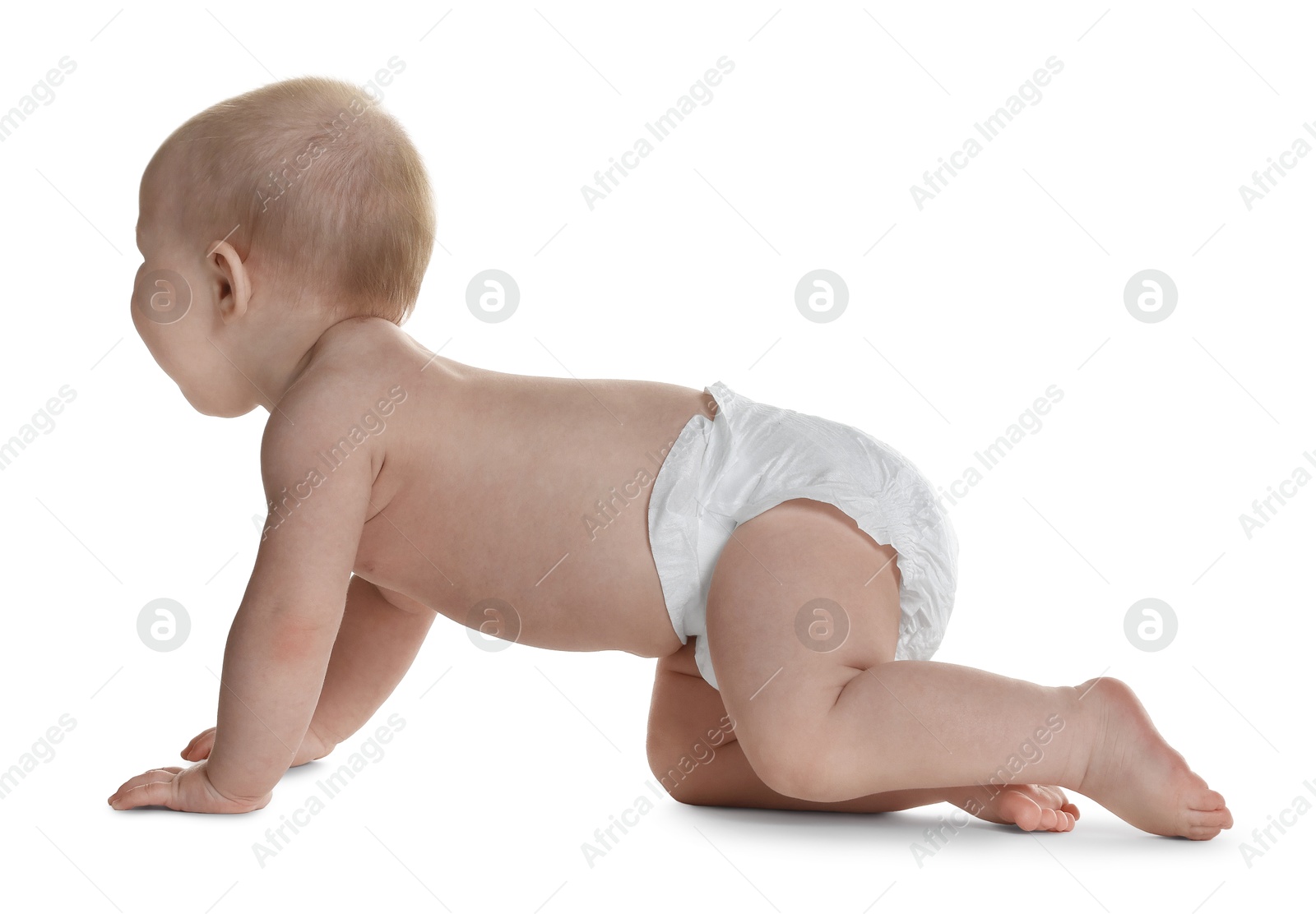 Cute little baby in diaper on white background Photo of Cute little baby in diaper on white background