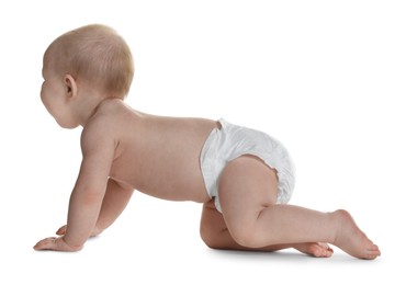 Photo of Cute little baby in diaper on white background