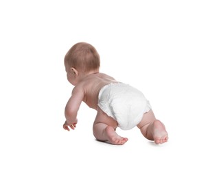 Photo of Cute little baby in diaper on white background, back view