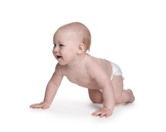 Photo of Cute little baby in diaper on white background