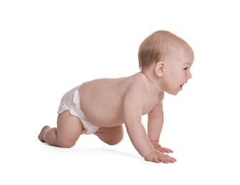 Photo of Cute little baby in diaper on white background