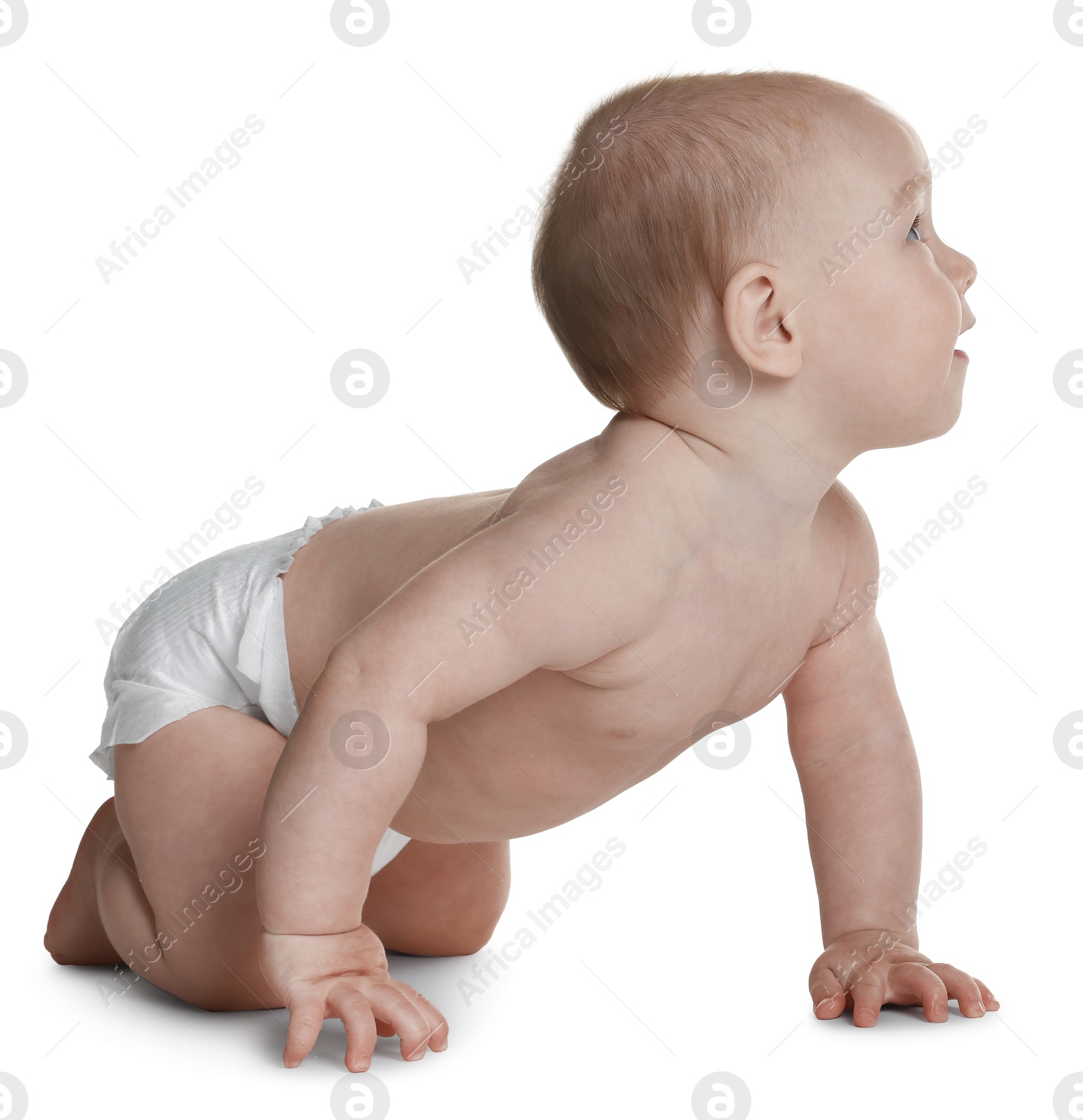 Cute little baby in diaper on white background Photo of Cute little baby in diaper on white background