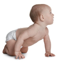 Photo of Cute little baby in diaper on white background