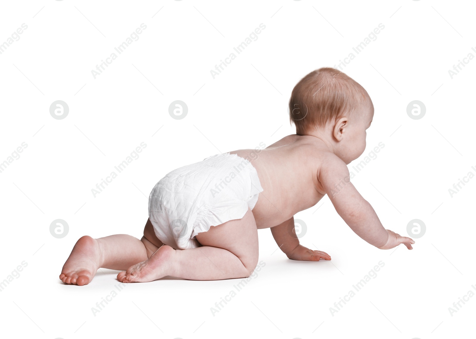 Cute little baby in diaper on white background Photo of Cute little baby in diaper on white background
