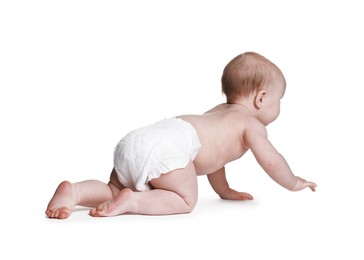 Photo of Cute little baby in diaper on white background
