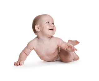 Photo of Cute little baby in diaper on white background