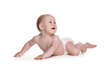 Photo of Cute little baby in diaper on white background