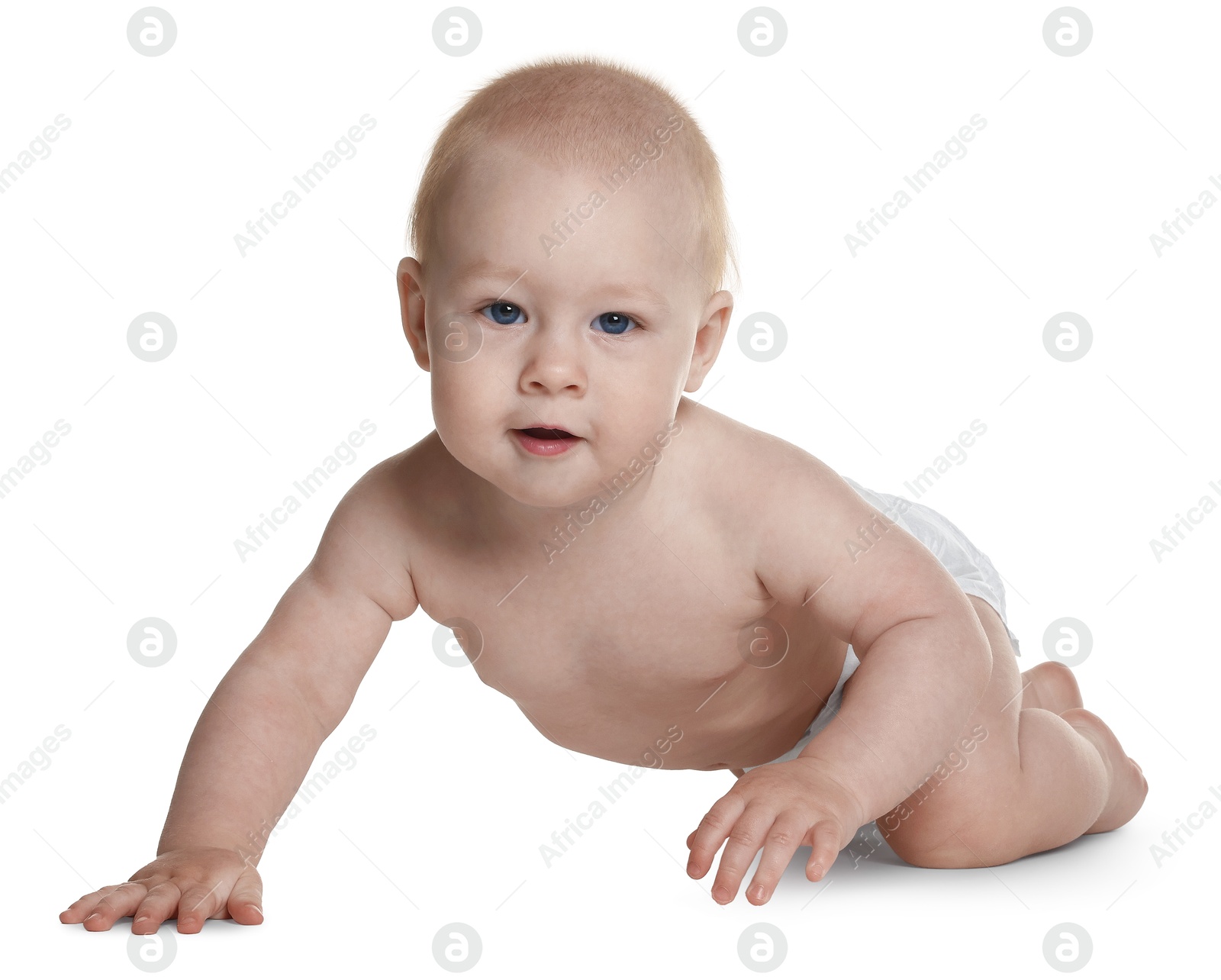 Cute little baby in diaper on white background Photo of Cute little baby in diaper on white background
