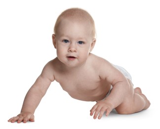 Photo of Cute little baby in diaper on white background