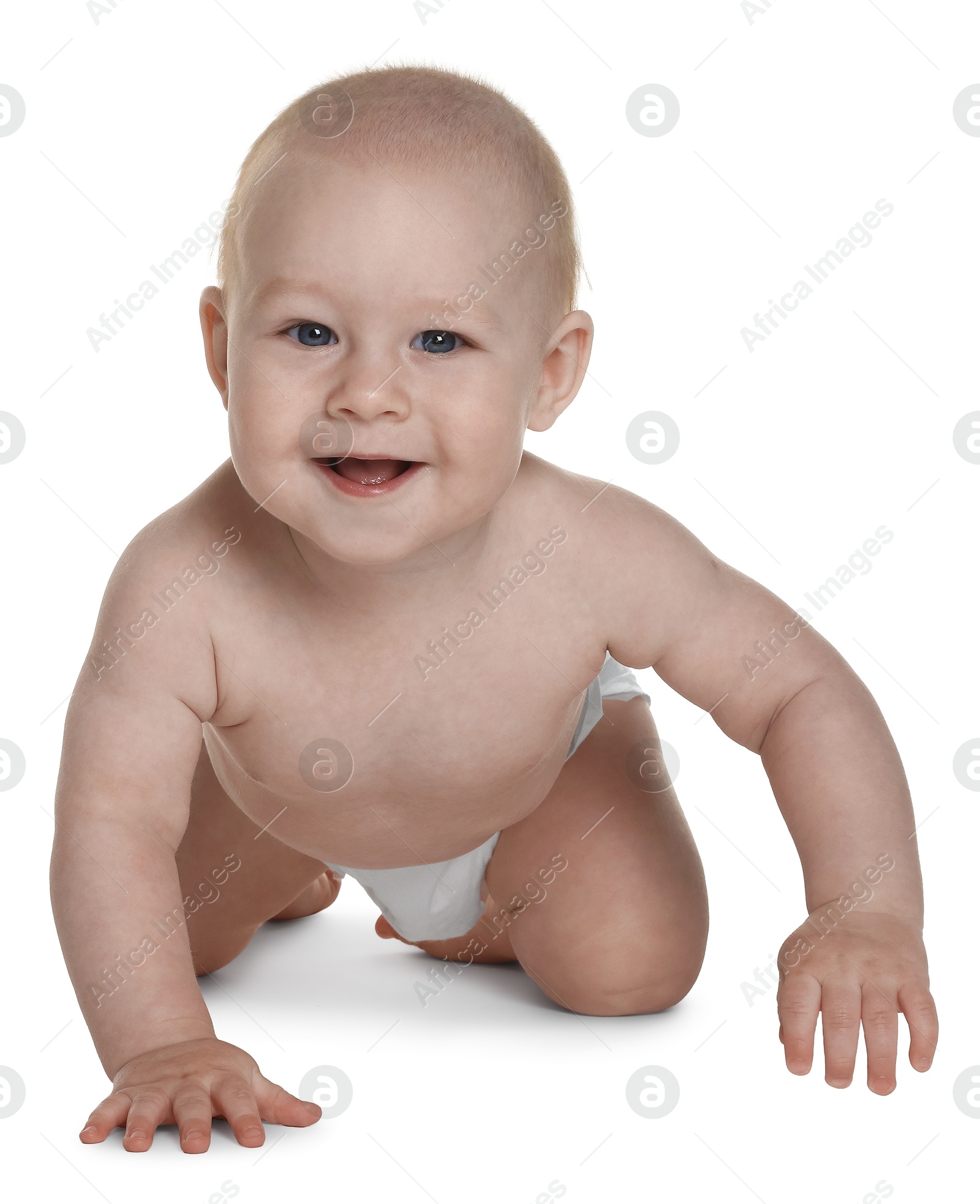 Cute little baby in diaper on white background Photo of Cute little baby in diaper on white background
