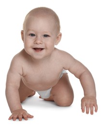 Photo of Cute little baby in diaper on white background