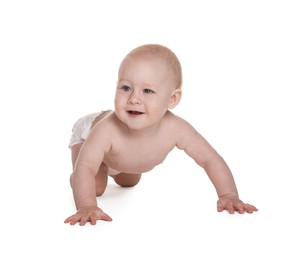 Photo of Cute little baby in diaper on white background
