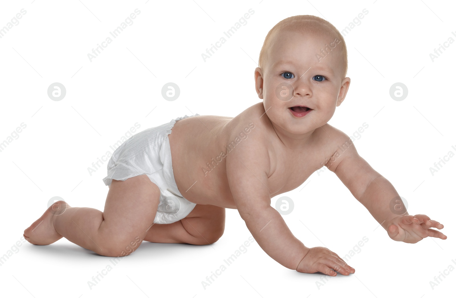 Cute little baby in diaper on white background Photo of Cute little baby in diaper on white background