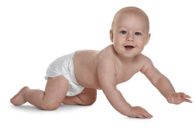 Photo of Cute little baby in diaper on white background