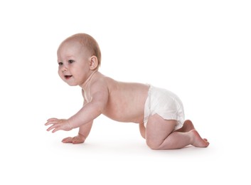 Photo of Cute little baby in diaper on white background