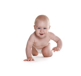 Photo of Cute little baby in diaper on white background