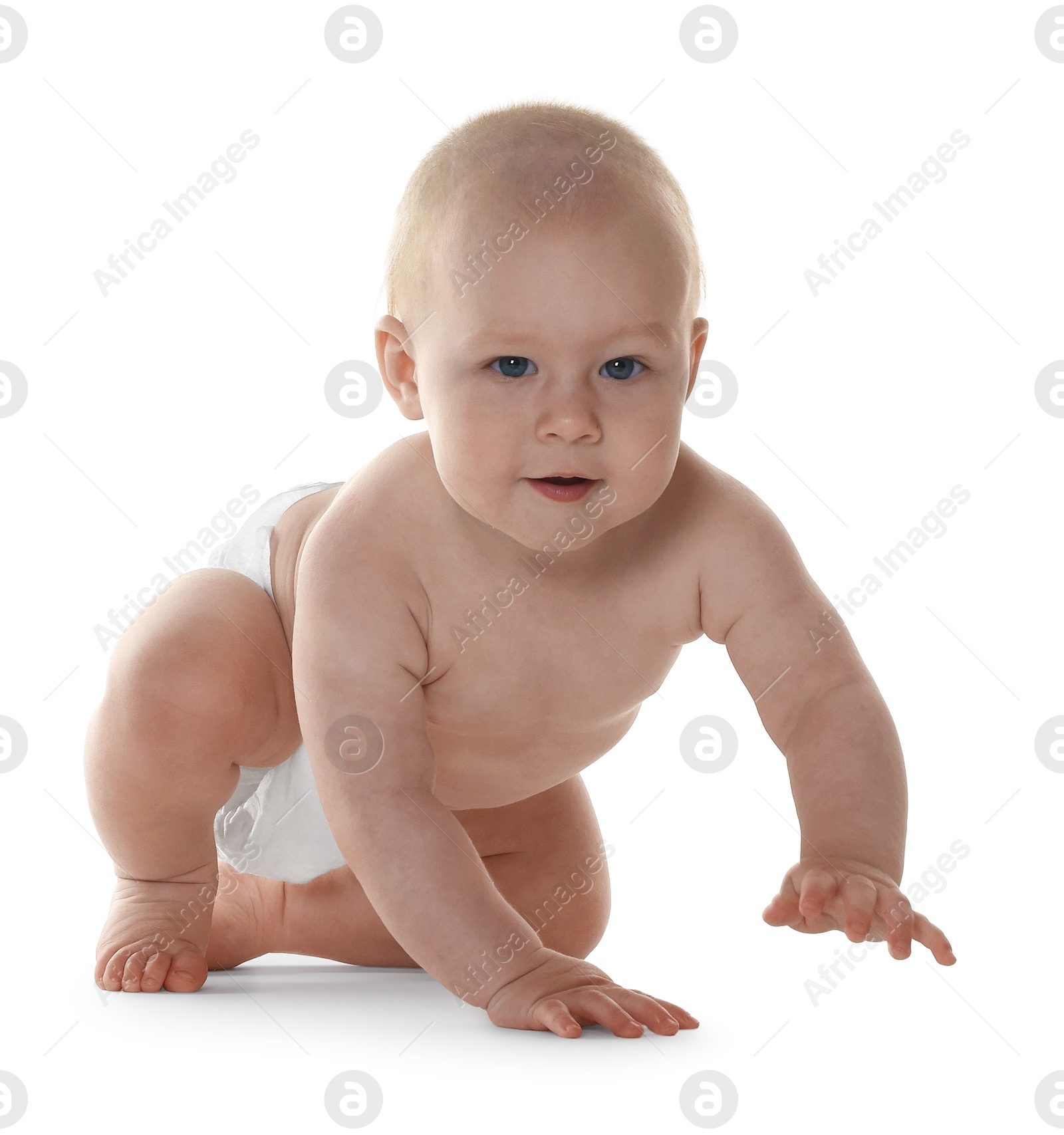 Cute little baby in diaper on white background Photo of Cute little baby in diaper on white background