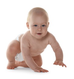 Photo of Cute little baby in diaper on white background