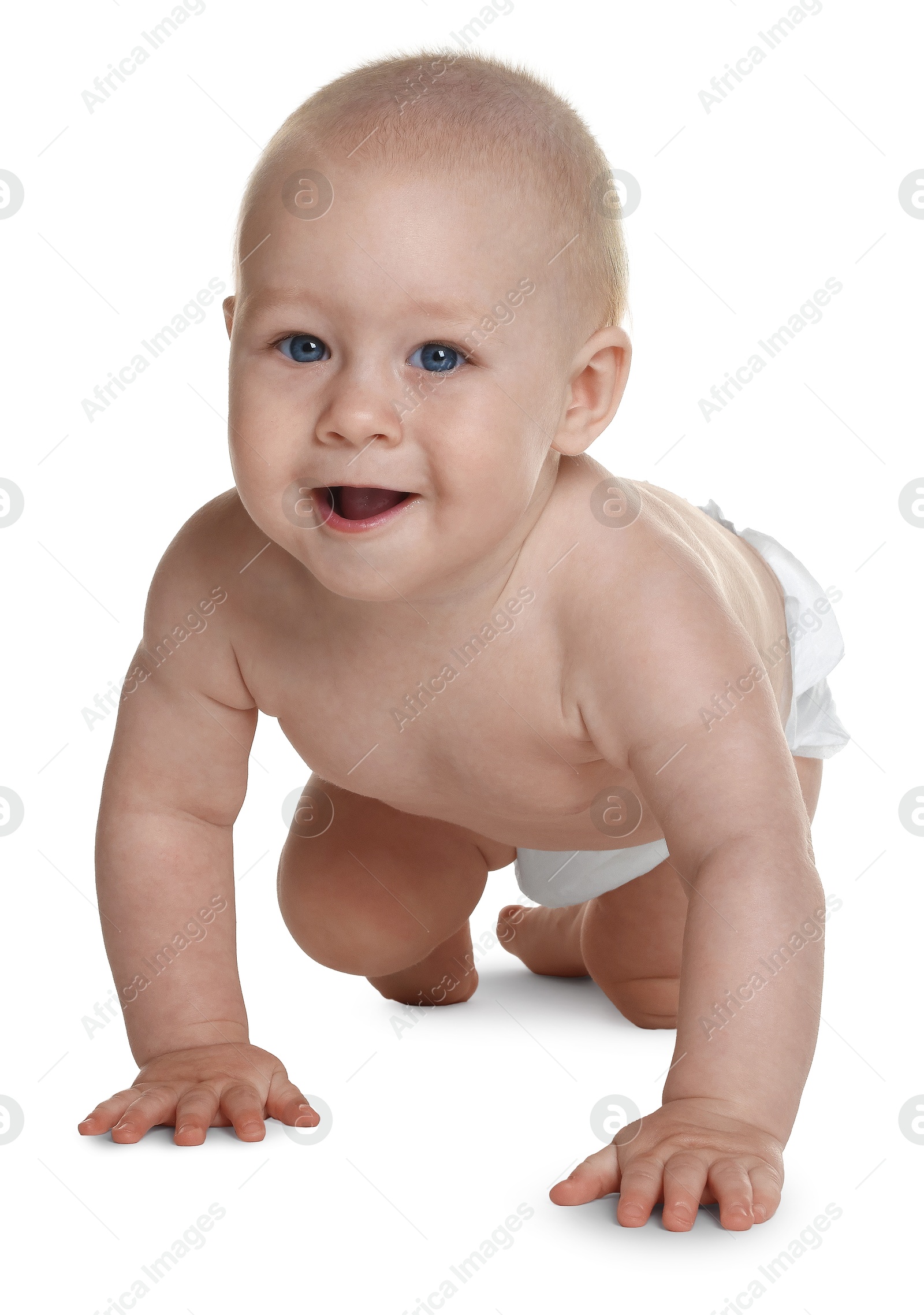 Cute little baby in diaper on white background Photo of Cute little baby in diaper on white background