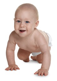 Photo of Cute little baby in diaper on white background