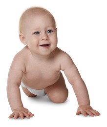 Photo of Cute little baby in diaper on white background