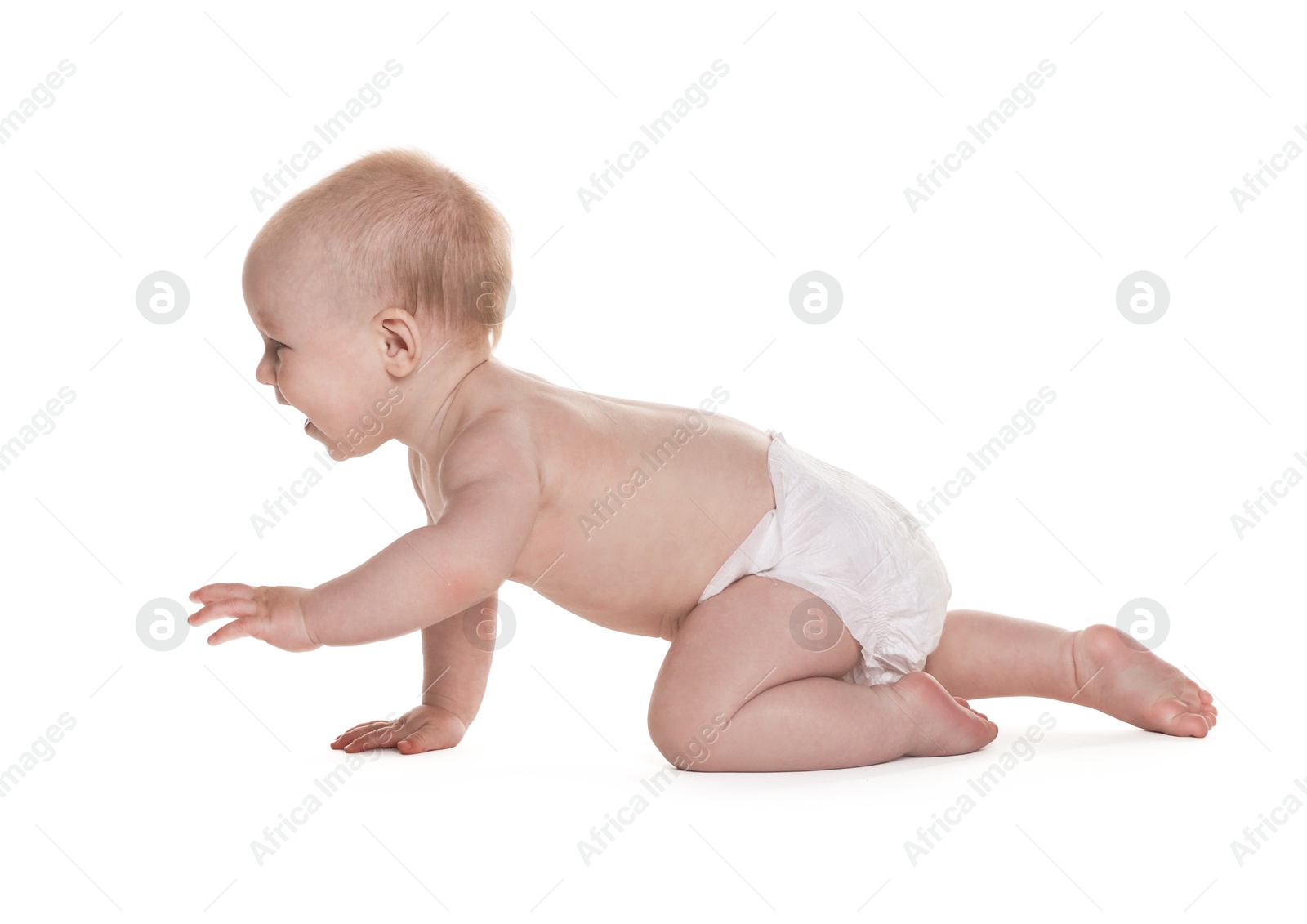 Cute little baby in diaper on white background Photo of Cute little baby in diaper on white background