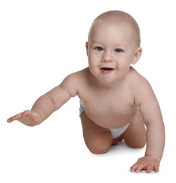 Photo of Cute little baby in diaper on white background