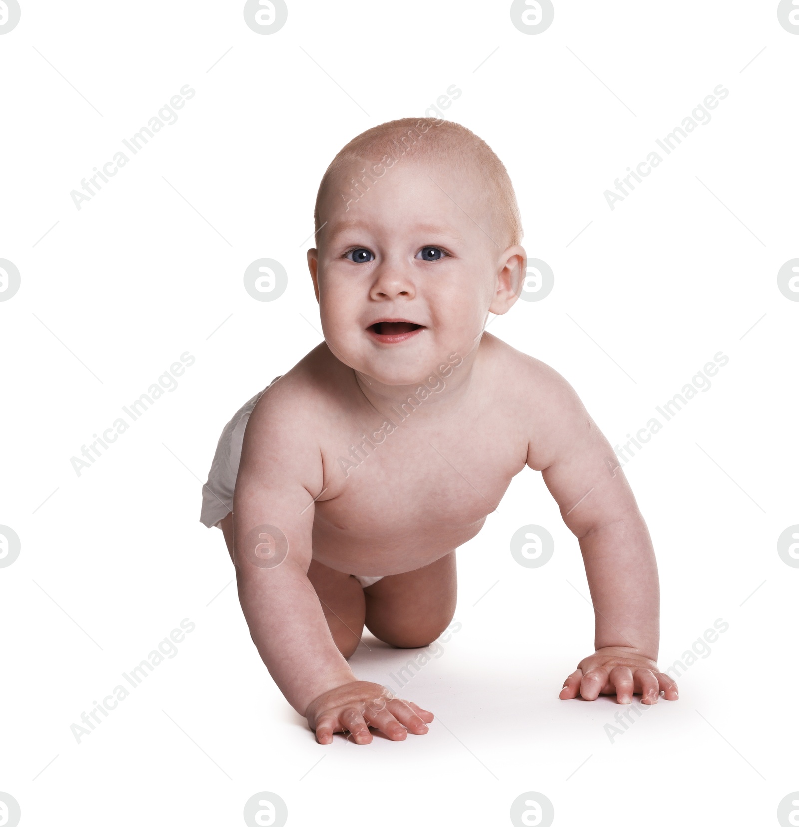 Cute little baby in diaper on white background Photo of Cute little baby in diaper on white background