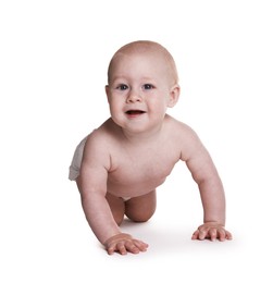 Photo of Cute little baby in diaper on white background