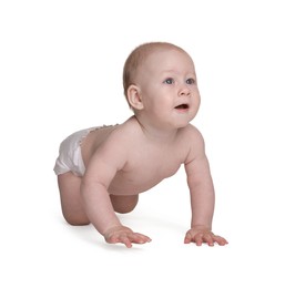 Photo of Cute little baby in diaper on white background