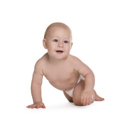 Photo of Cute little baby in diaper on white background