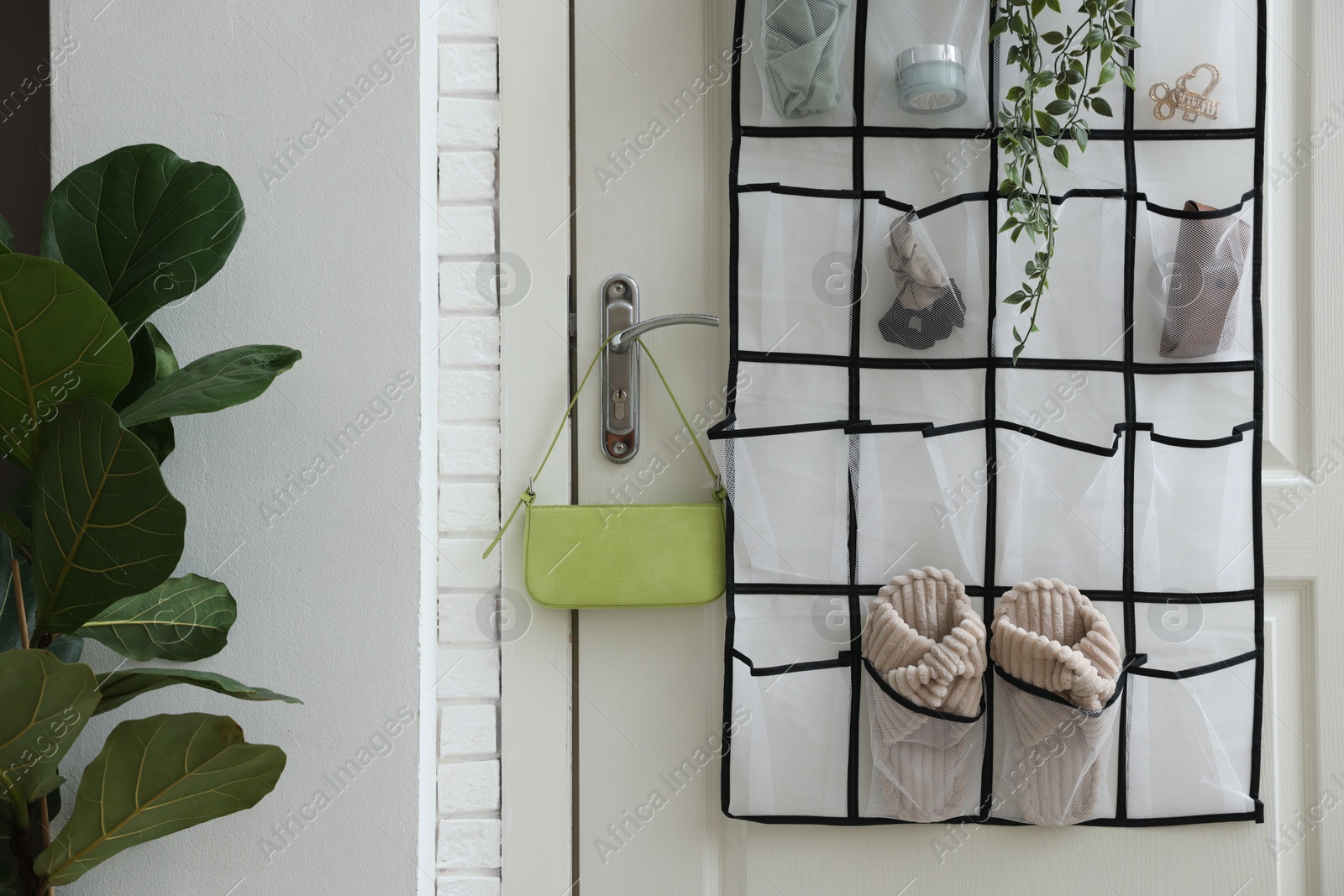 Photo of Organizer with different stuff on door and houseplant indoors