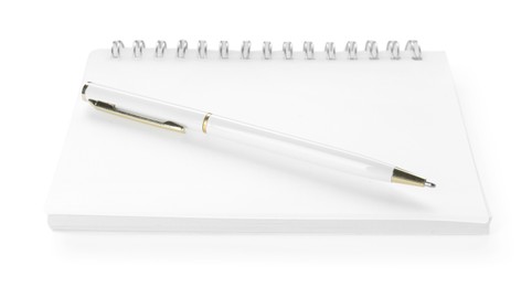 Photo of Stylish notebook and pen isolated on white