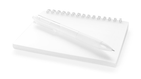 Photo of Stylish notebook and pen isolated on white