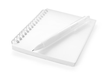 Photo of Stylish notebook and pen isolated on white
