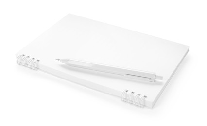 Photo of Stylish notebook and pen isolated on white