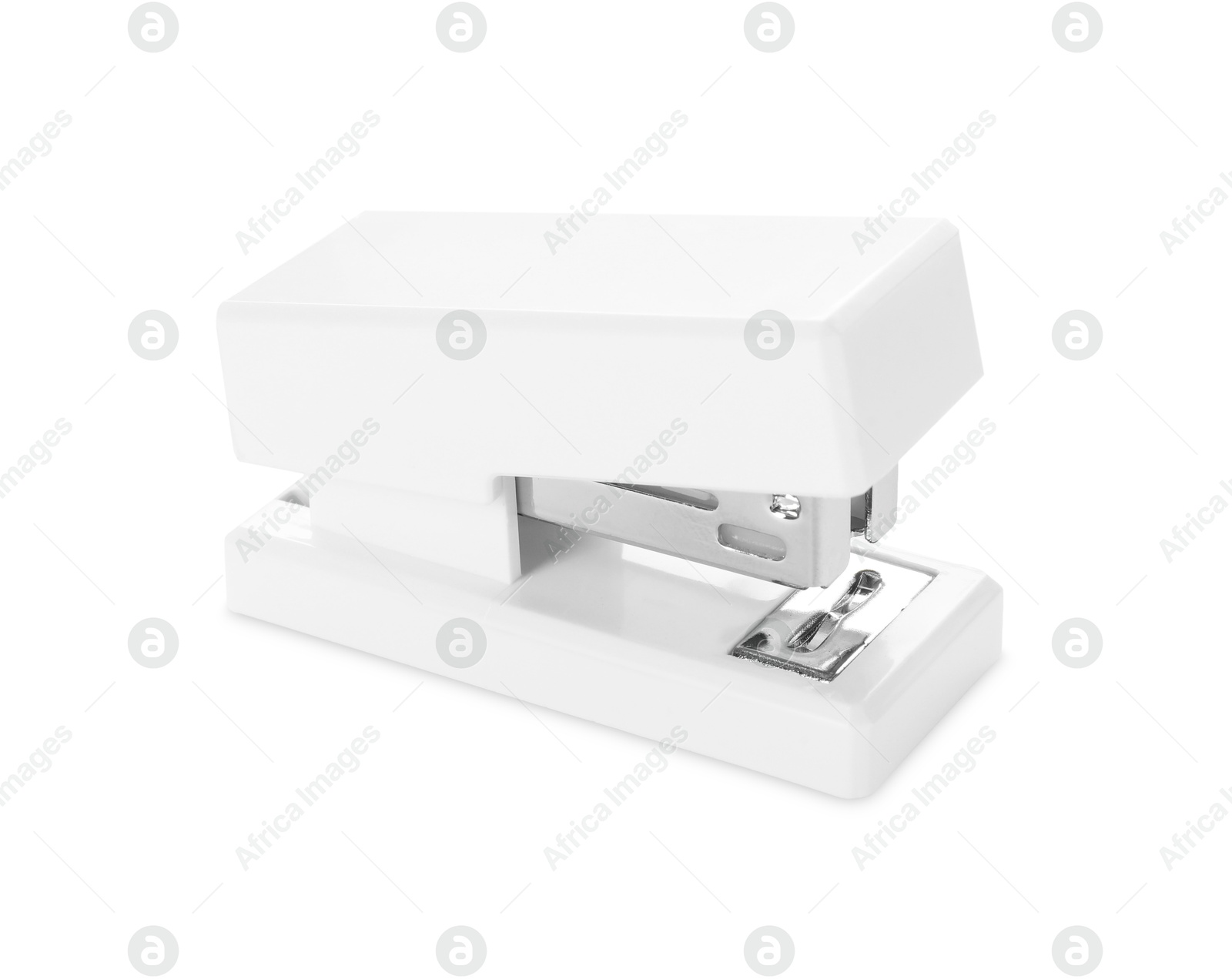 One new plastic stapler isolated on white Photo of One new plastic stapler isolated on white