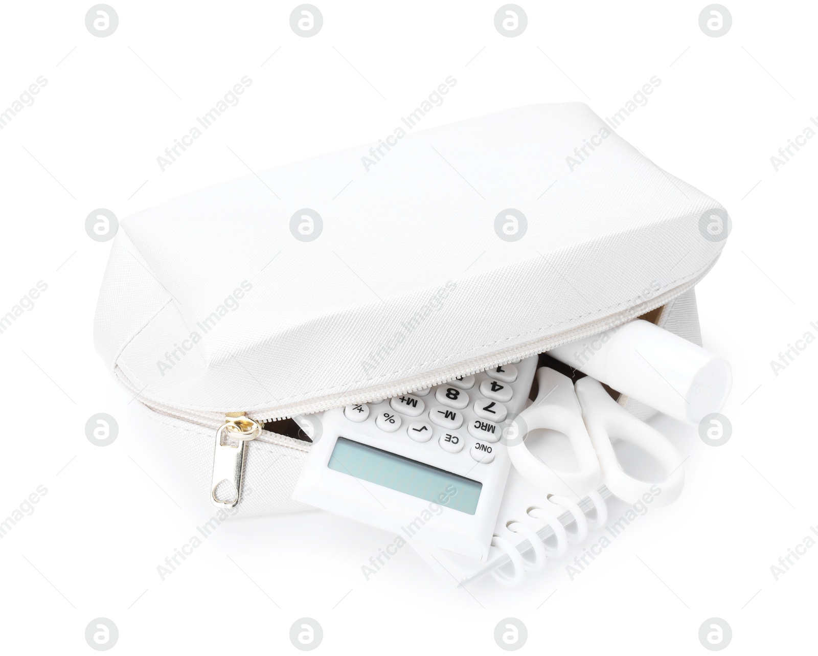 Different stationery in pencil case isolated on white Photo of Different stationery in pencil case isolated on white