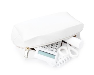 Photo of Different stationery in pencil case isolated on white