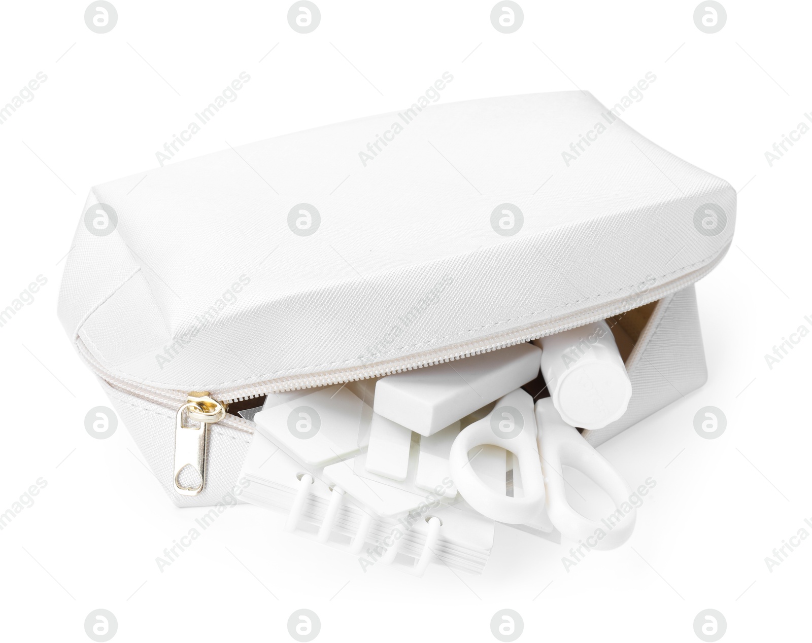 Different stationery in pencil case isolated on white Photo of Different stationery in pencil case isolated on white