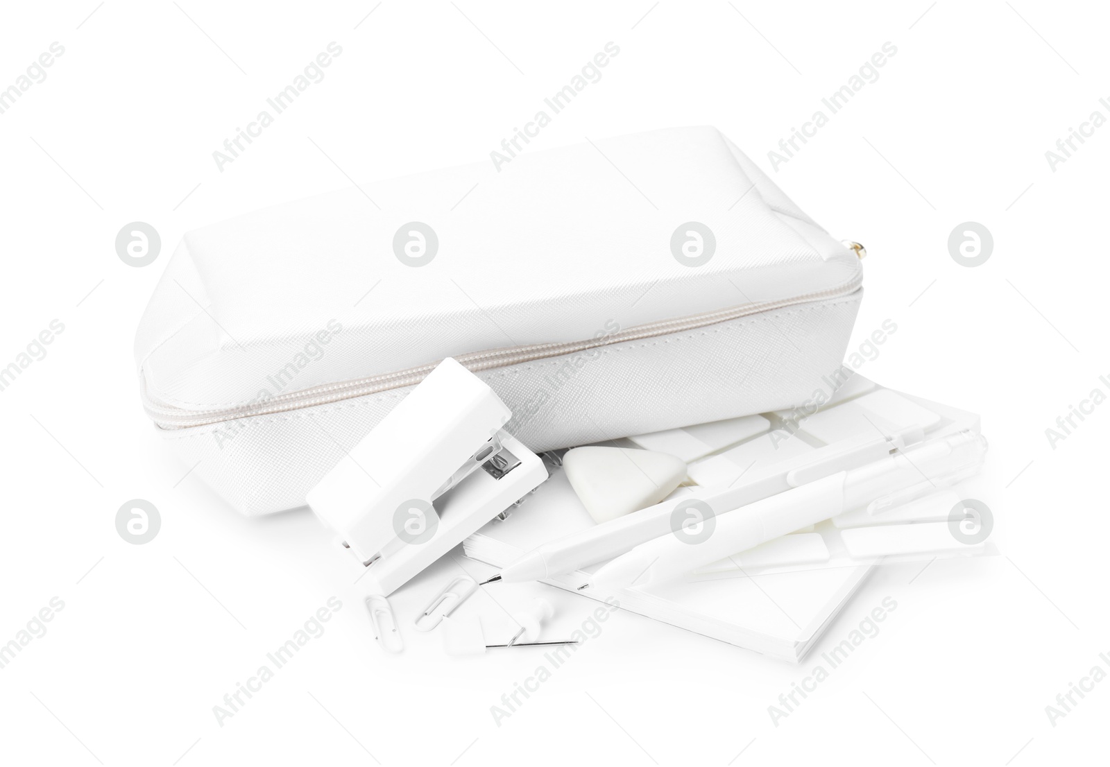 Different stationery and pencil case isolated on white Photo of Different stationery and pencil case isolated on white