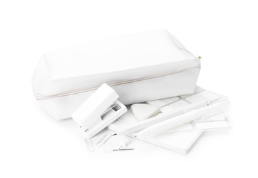 Photo of Different stationery and pencil case isolated on white