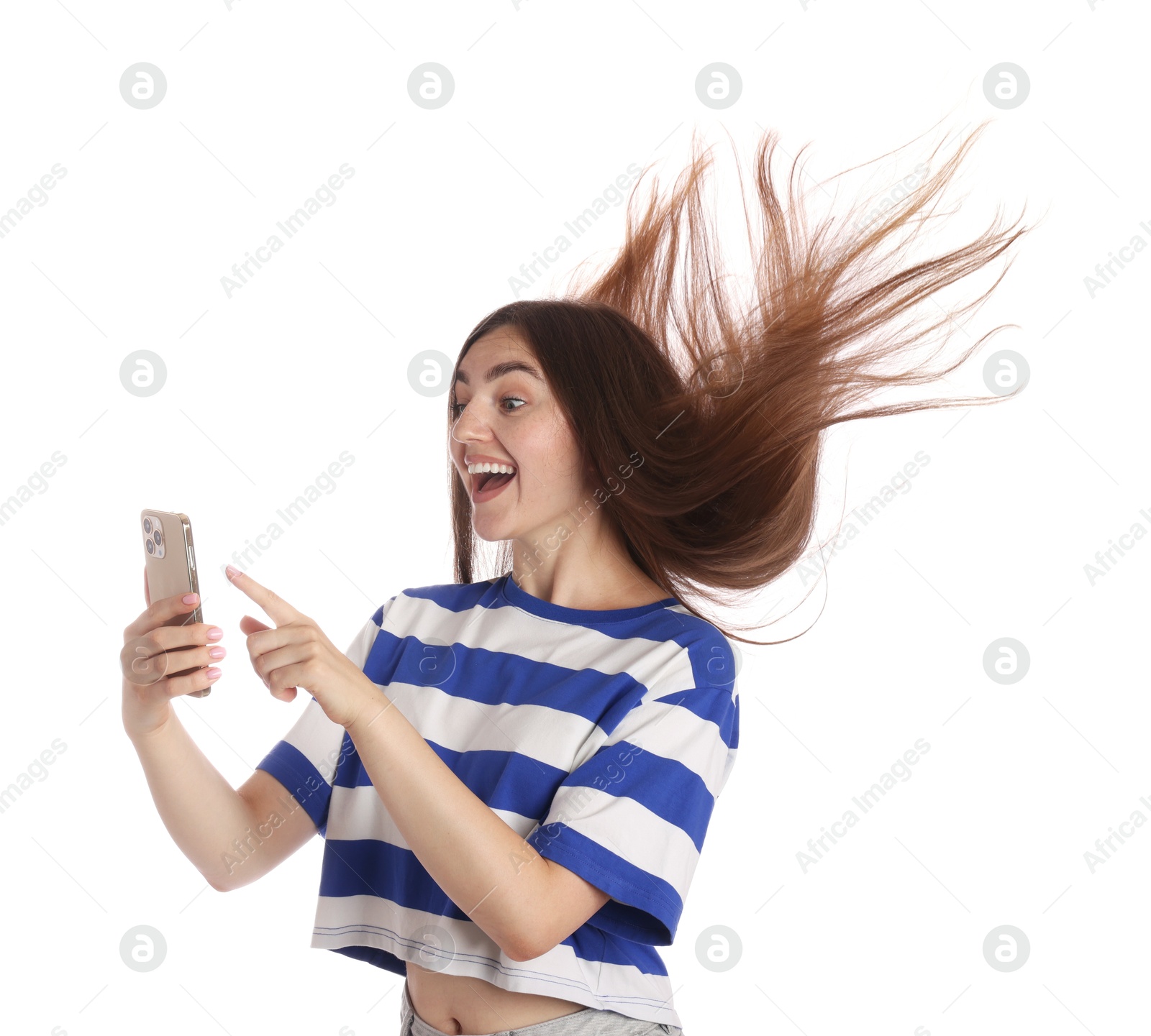 Photo of Happy woman with beautiful long hair using smartphone on white background