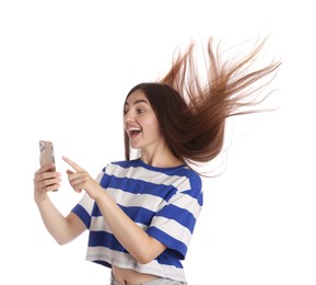 Photo of Happy woman with beautiful long hair using smartphone on white background