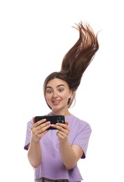 Photo of Emotional woman with beautiful long hair using smartphone on white background