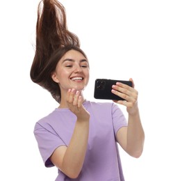 Photo of Happy woman with beautiful long hair using smartphone on white background
