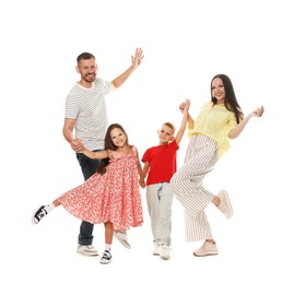 Photo of Happy family having fun on white background